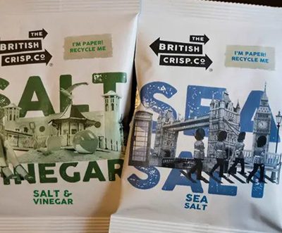 Embargoed until 9.00 GMT Thursday 28 March: first fully recyclable paper crisp packet launched as an alternative to the 8 billion thrown away in the UK every year